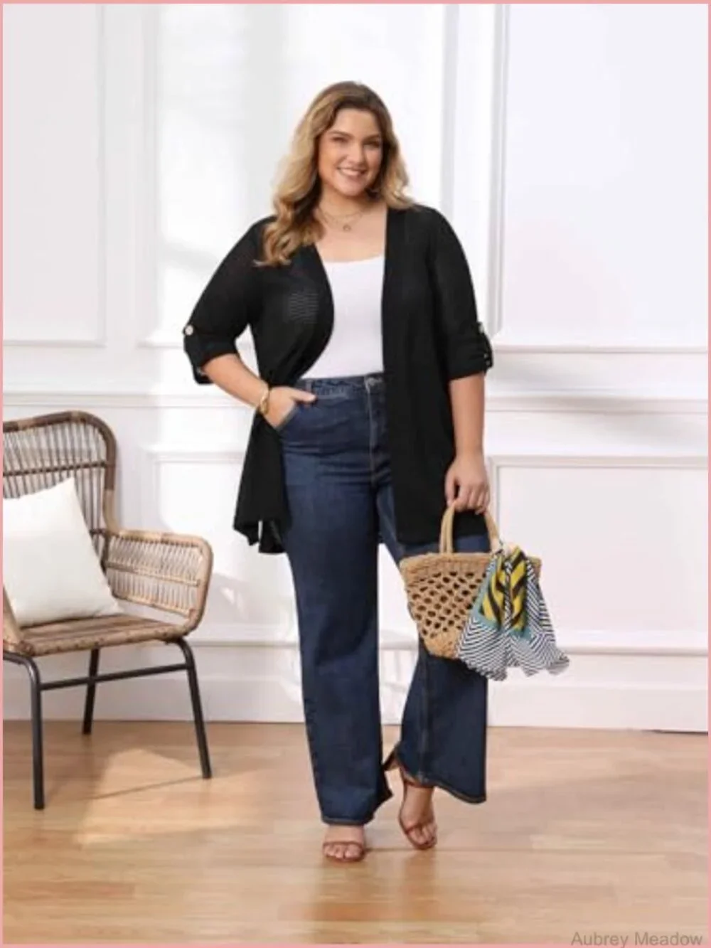 Plus Size Hollow Out 3/4 Sleeve Side Slits Cardigan Cover Up